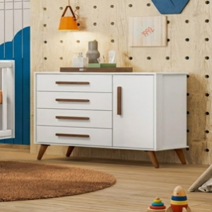 "CÔMODA SAPATEIRA  1 PORTA 4 GAVETAS ENCANTO RETRÔ FREIJO TOQUE/BRANCO"